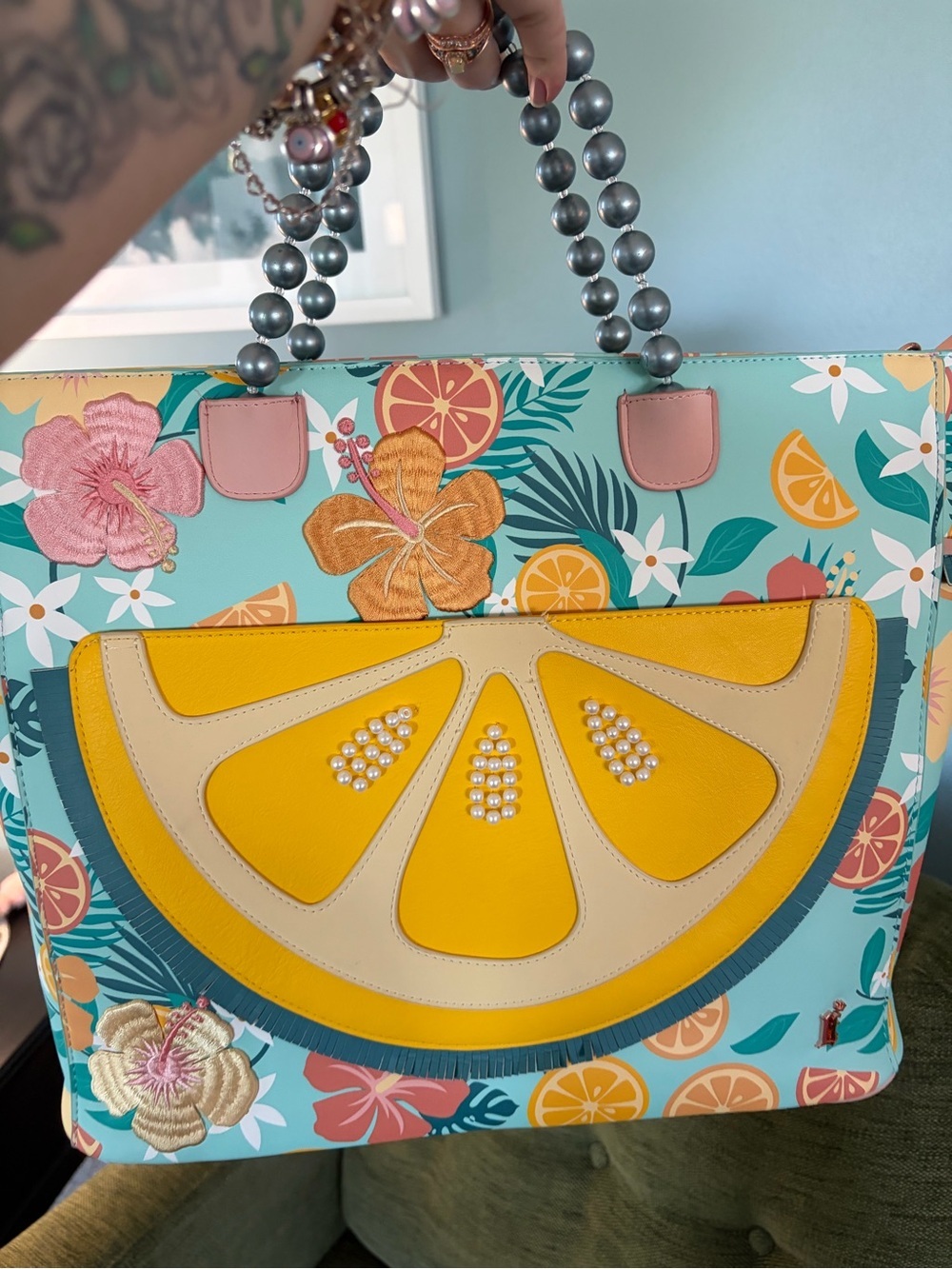 Loungefly Citrus Slice Tote in Yellow and Aqua with Pearl Accents